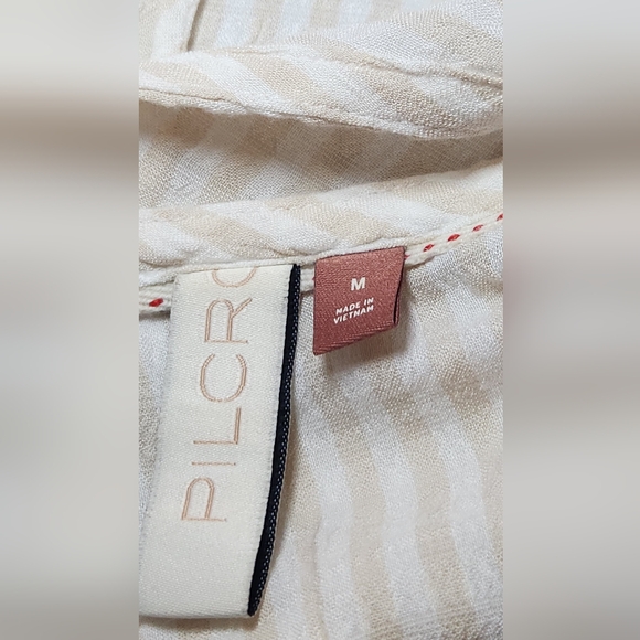 Anthro Pilcro Sybil Ruffle Sleeve Blouse Size Medium Tan/ White Stripe - Picture 6 of 8